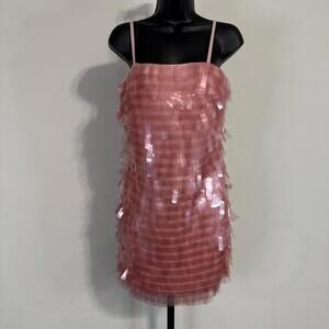 Badgley Mischka Pink Paillette Spaghetti Srap Mini Dress w/ Rectangle Tassels -8